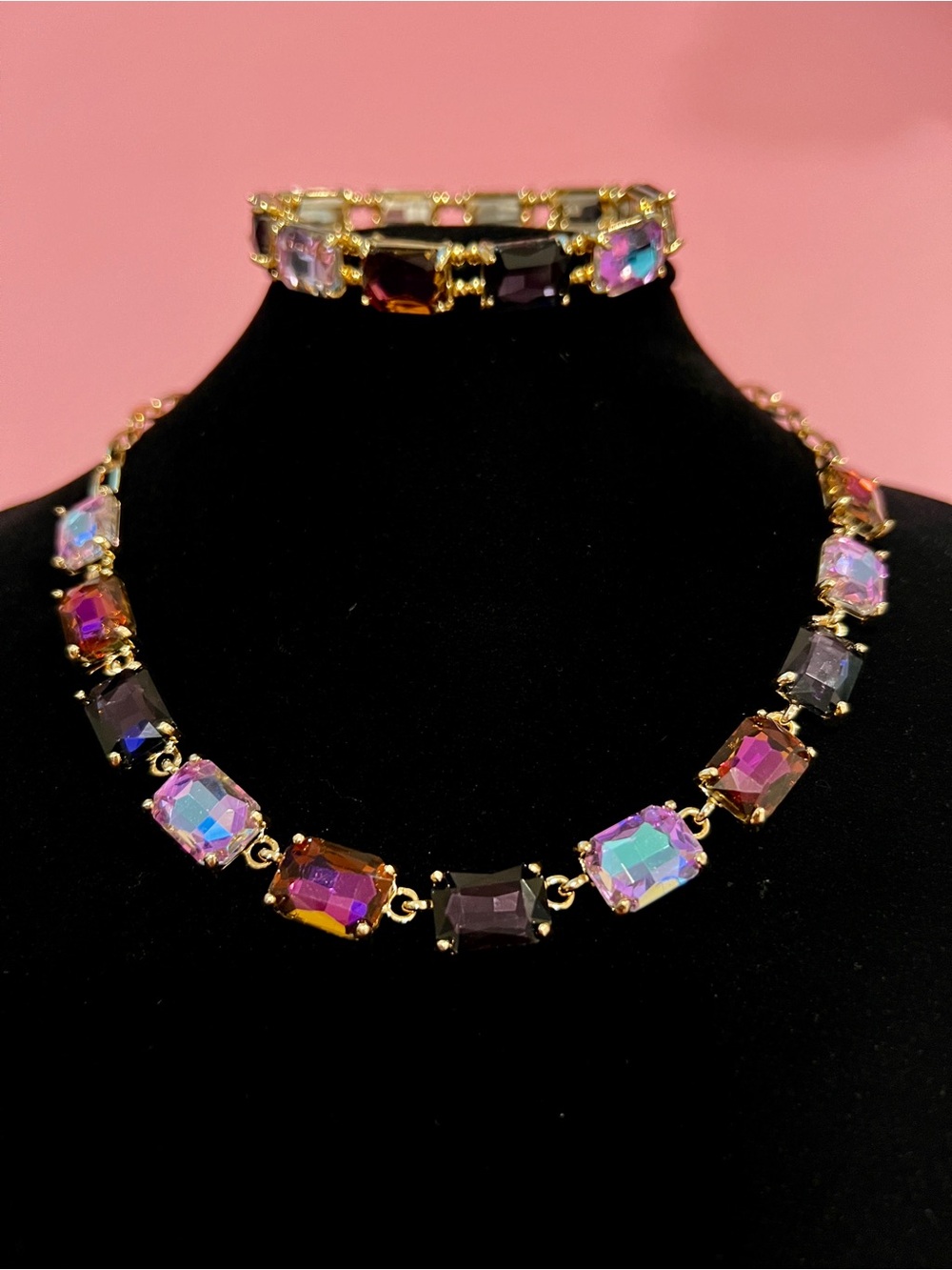 Purple Multicolor Emerald cut Necklace & Bracelet Set
